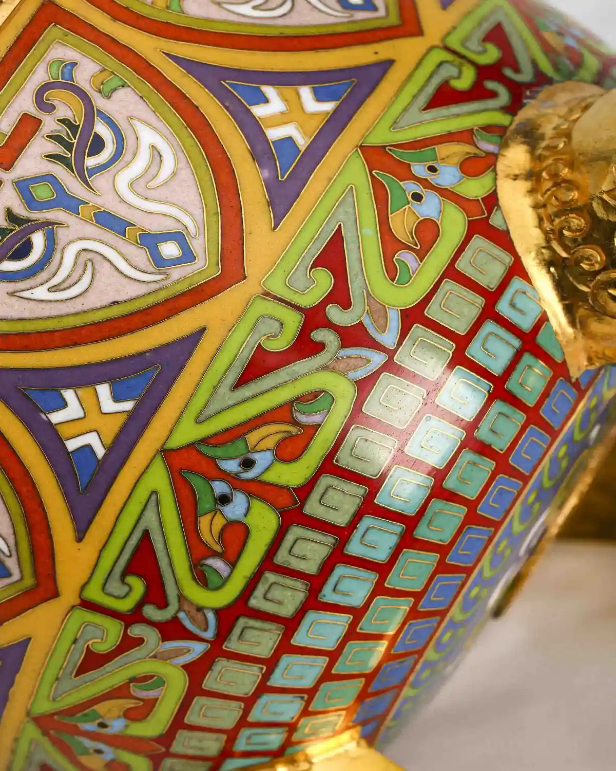 Close-up detail of the gold-plated copper rim and enamel tiger and beast auspicious on this Royal Cloisonne vase, a premium piece for luxury home decor and home gifts