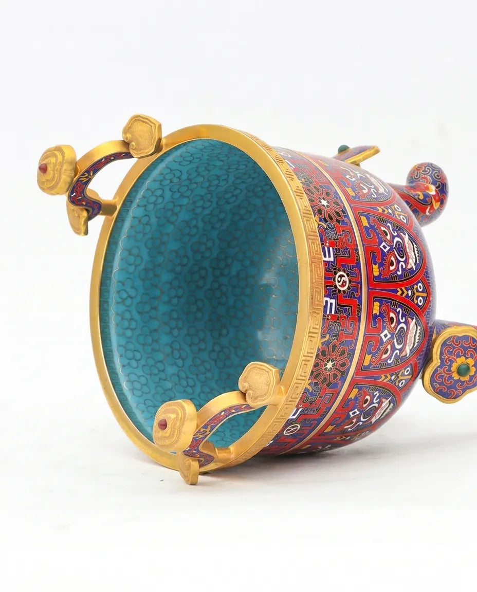 Close-up detail of the gold-plated copper rim and ename  Qiankun Ruyi on this Royal Cloisonne vase, a premium piece for luxury home decor and home gifts