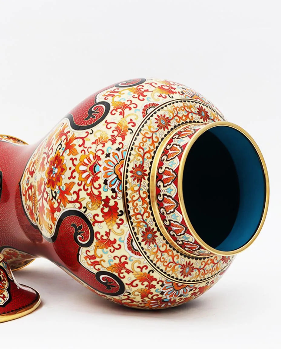 Close-up detail of the gold-plated copper rim and enamel interlocking floral on this Royal Cloisonne jar, a premium piece for luxury home decor and home gifts