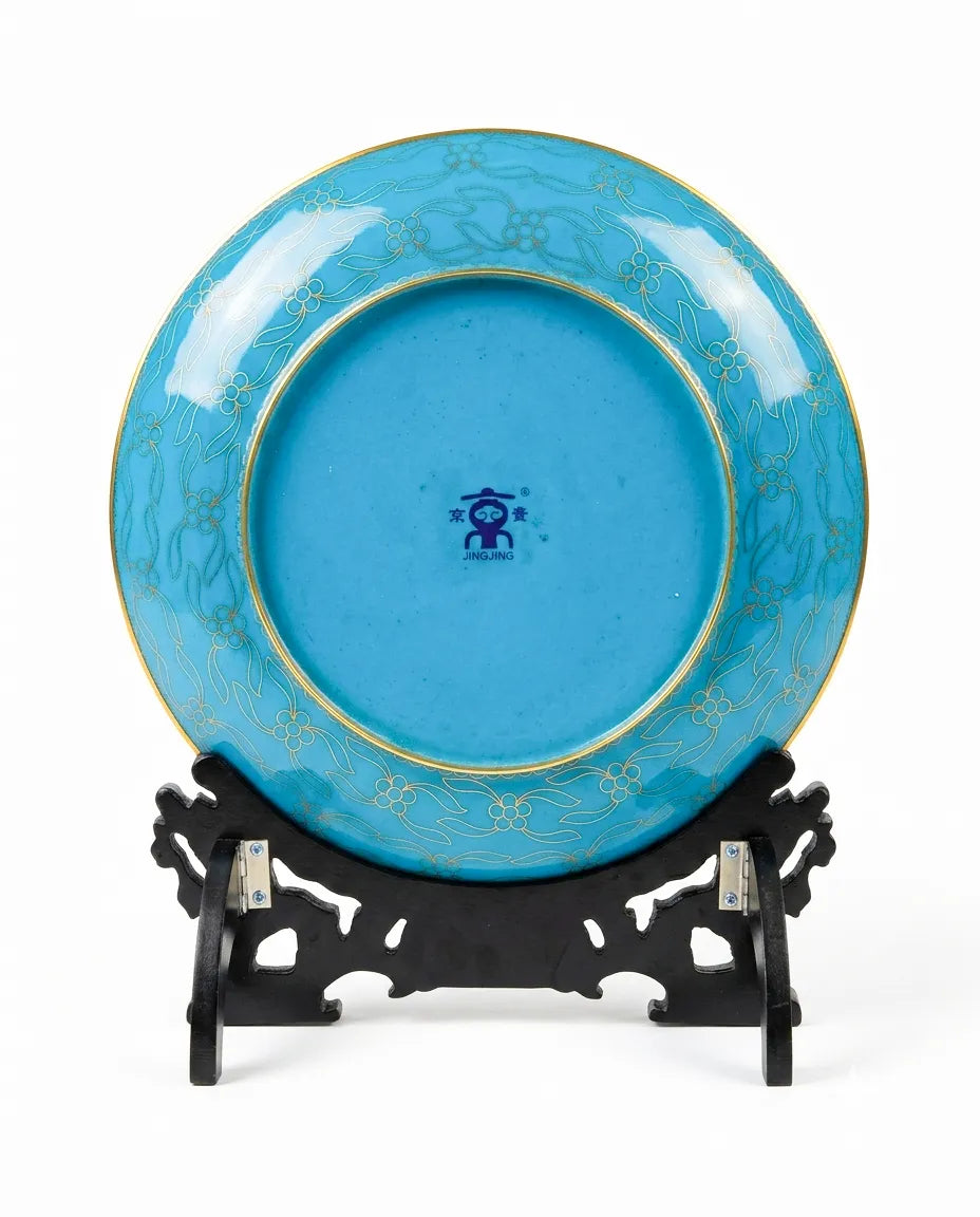 Close-up detail of the gold-plated copper rim and enamel blessing font on this Royal Cloisonne plate, a premium piece for luxury home decor and home gifts