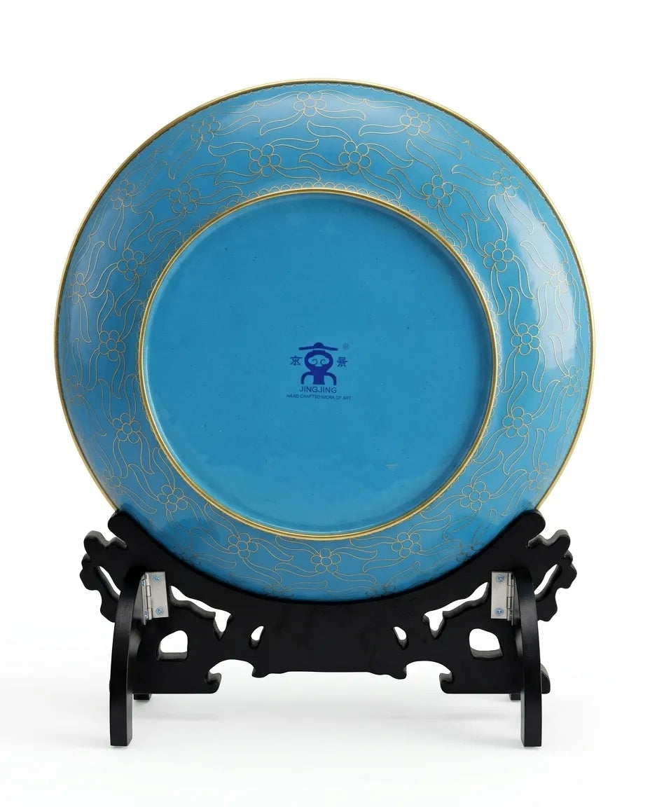 Close-up detail of the gold-plated copper rim and enamel Longevity font on this Royal Cloisonne plate, a premium piece for luxury home decor and home gifts