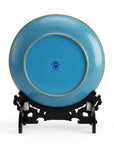 Close-up detail of the gold-plated copper rim and enamel Longevity font on this Royal Cloisonne plate, a premium piece for luxury home decor and home gifts