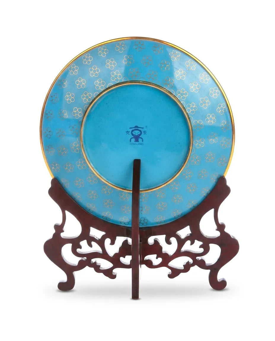 Close-up detail of the gold-plated copper rim and enamel peony pattern on this Royal Cloisonne plate, a premium piece for luxury home decor and home gifts