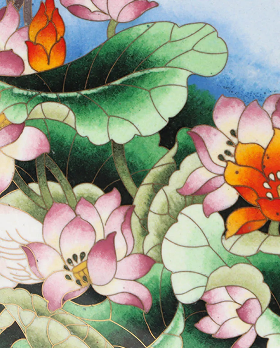Close-up detail of the gold-plated copper rim and Lotus and Egret landscape painting on this Royal Cloisonne plate and vase series,a premium piece for luxury home decor and home gifts