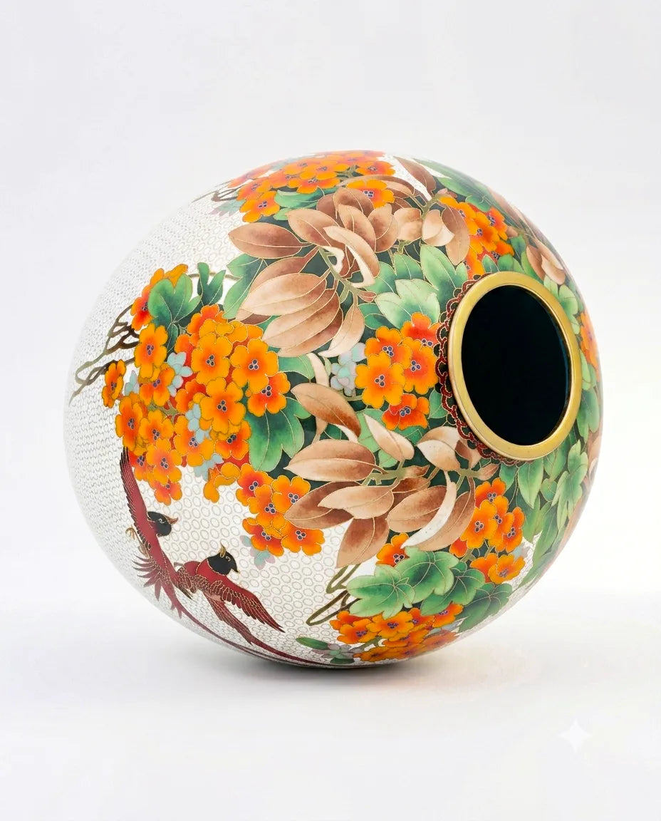 Close-up detail of the gold-plated copper rim and Mountain Flower landscape painting on this Royal Cloisonne plate and vase series,a premium piece for luxury home decor and home gifts