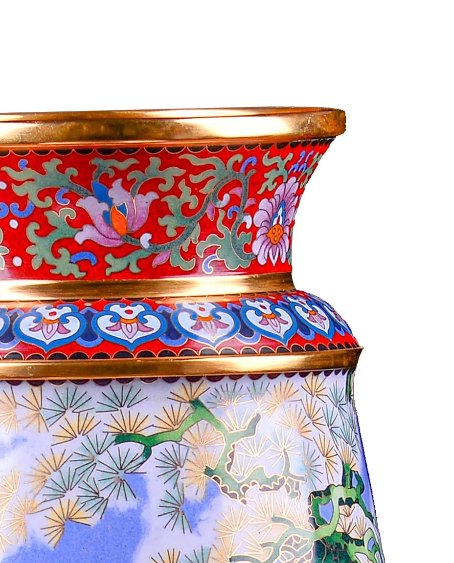 Close-up detail of the gold-plated copper rim and enamel interlocking floral on this Royal Cloisonne vase, a premium piece for luxury home decor and home gifts