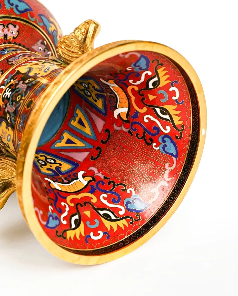 Close-up detail of the gold-plated copper rim and enamel auspicious beasts and lotus flower on this Royal Cloisonne vase, a premium piece for luxury home decor and home gifts