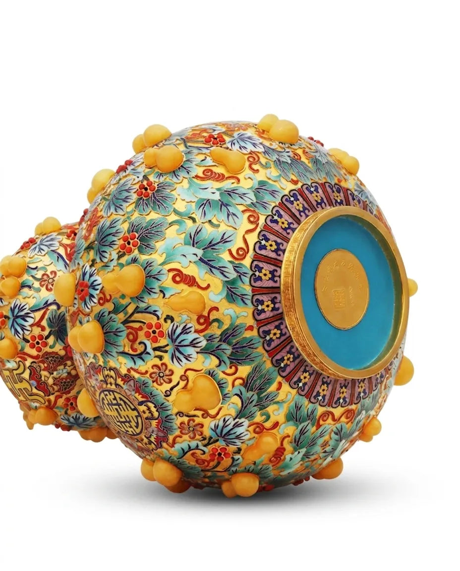 Close-up detail of the gold-plated copper rim and enamel double gourd on this Royal Cloisonne vase,a premium piece for luxury home decor and home gifts