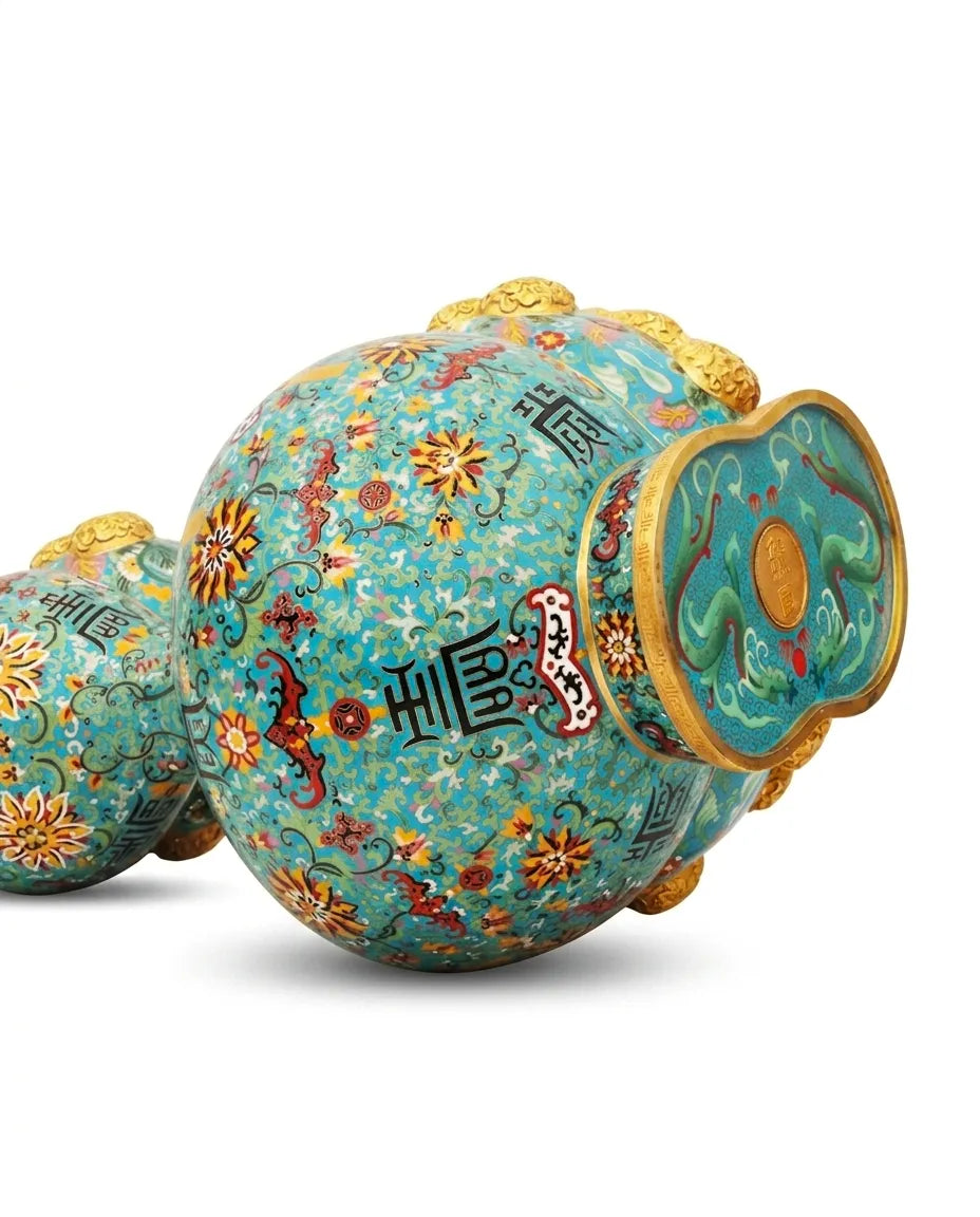 Close-up detail of the gold-plated copper rim and enamel double gourd on this Royal Cloisonne vase,a premium piece for luxury home decor and home gifts