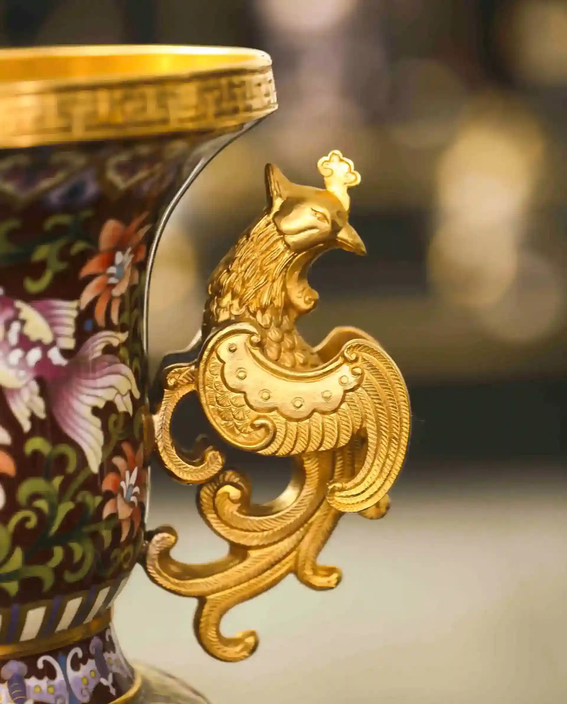 Close-up detail of the gold-plated copper rim and landscape painting on this Royal Cloisonne vase,a premium piece for luxury home decor and home gifts