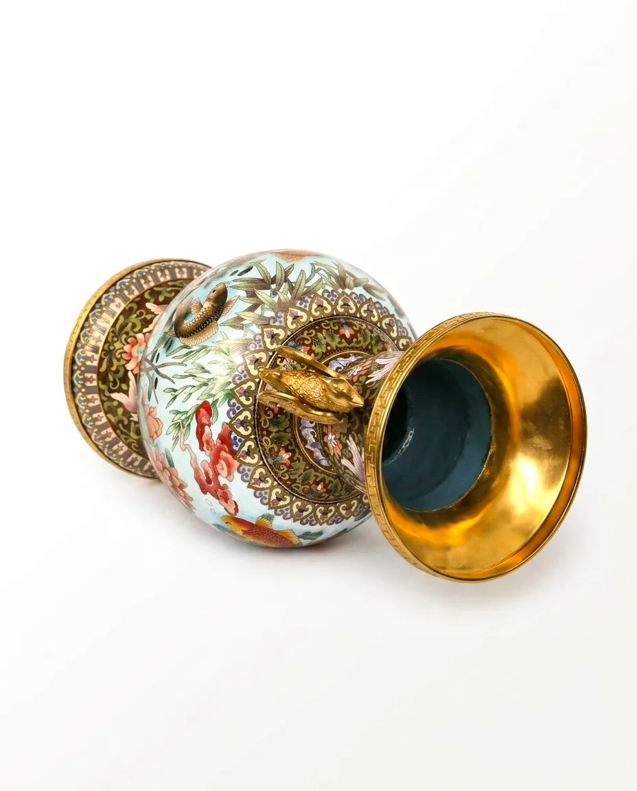 Close-up detail of the gold-plated copper rim and landscape painting on this Royal Cloisonne vase,a premium piece for luxury home decor and home gifts
