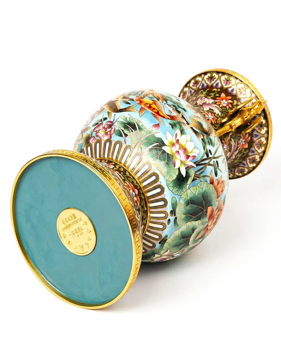 Close-up detail of the gold-plated copper rim and landscape painting on this Royal Cloisonne vase,a premium piece for luxury home decor and home gifts