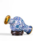 Close-up detail of the gold-plated copper rim and enamel bule and white porcelain peony on this Royal Cloisonne vase,a premium piece for luxury home decor and home gifts