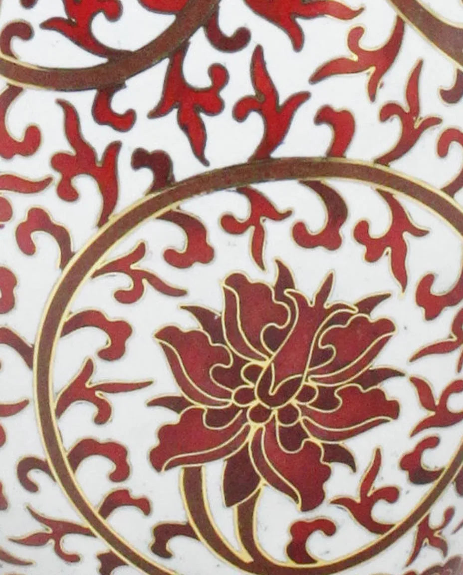 Close-up detail of the gold-plated copper rim and enamel lotus vine pattern on this Royal Cloisonne vase,a premium piece for luxury home decor and home gifts