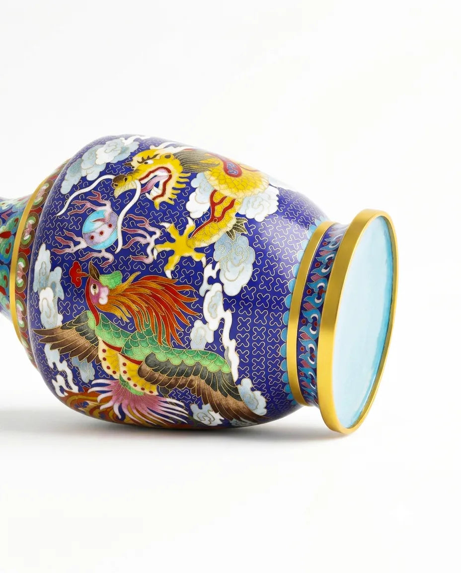Close-up detail of the gold-plated copper rim and enamel Dragon and Phoenix pattern on this Royal Cloisonne vase,a premium piece for luxury home decor and home gifts
