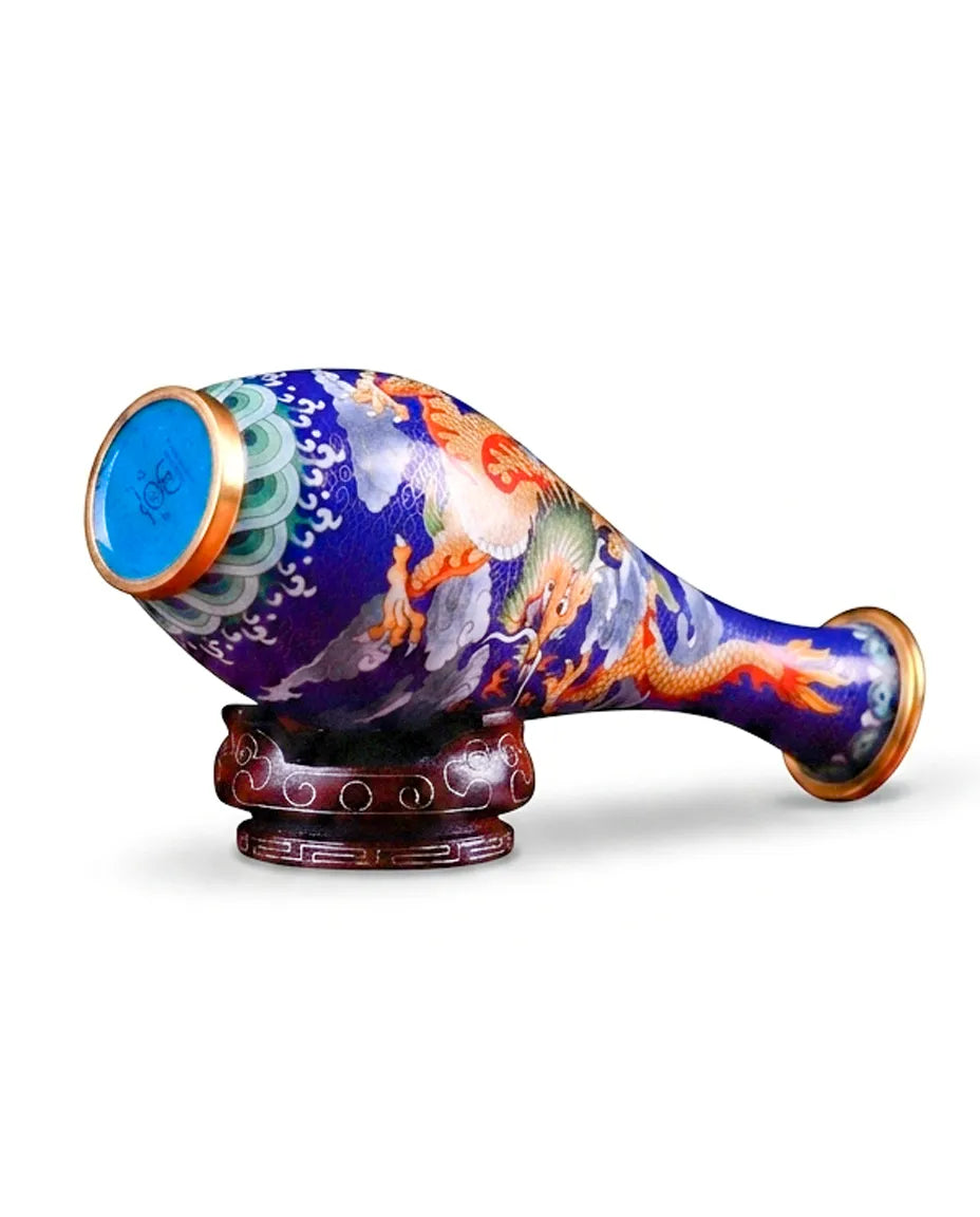 Close-up detail of the gold-plated copper rim and enamel A Pair of Dragon and Phoenix pattern on this Royal Cloisonne vase,a premium piece for luxury home decor and home gifts