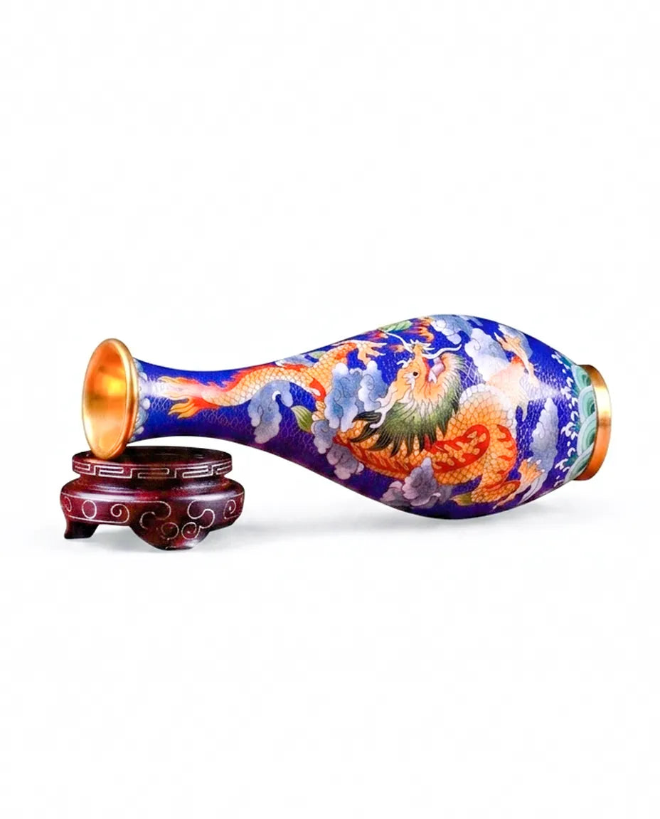 Close-up detail of the gold-plated copper rim and enamel A Pair of Dragon and Phoenix pattern on this Royal Cloisonne vase,a premium piece for luxury home decor and home gifts