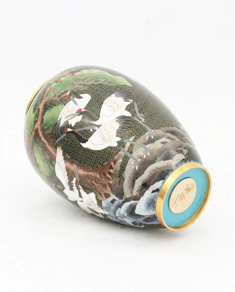 Close-up detail of the gold-plated copper rim and enamel crane standing pine pattern on this Royal Cloisonne vase,a premium piece for luxury home decor and home gifts