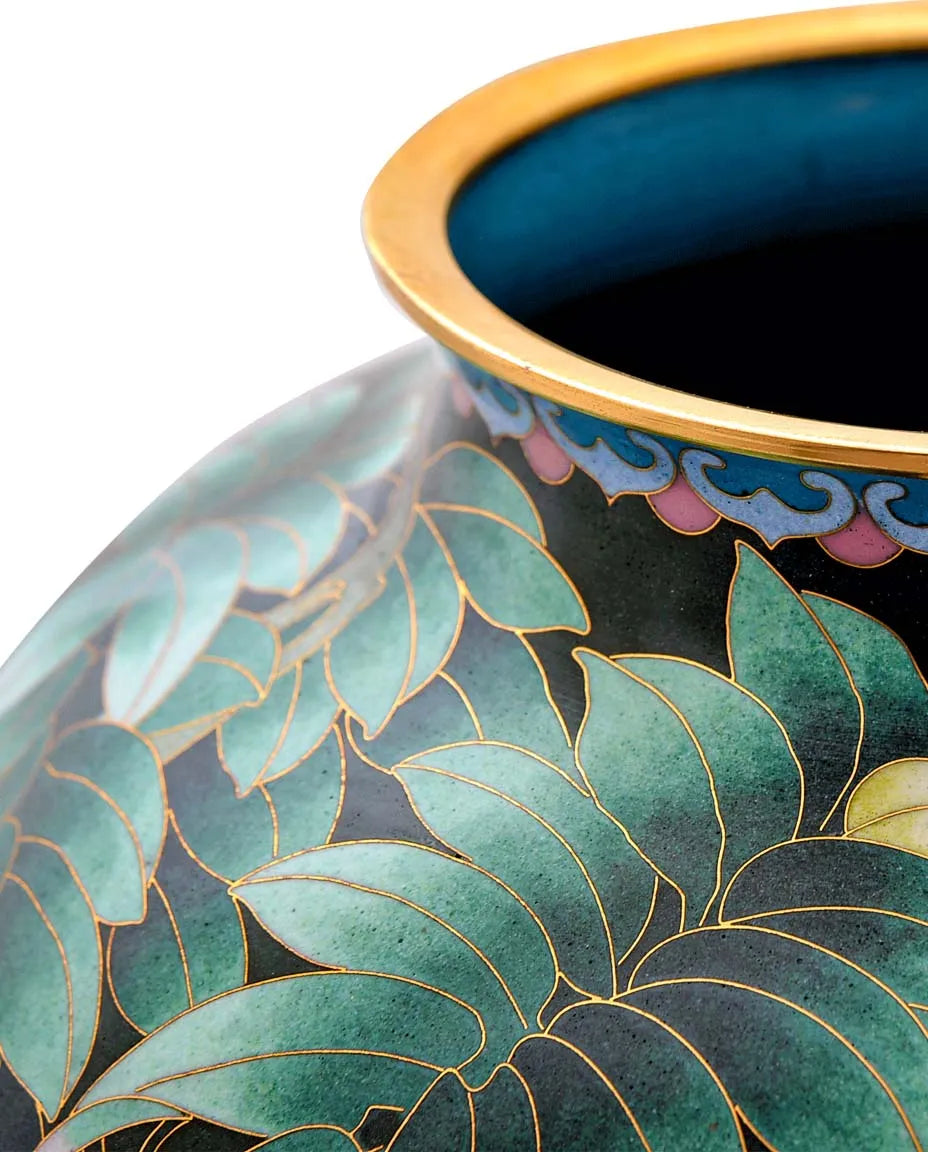 Close-up detail of the gold-plated copper rim and enamel locust flower pattern on this Royal Cloisonne vase,a premium piece for luxury home decor and home gifts