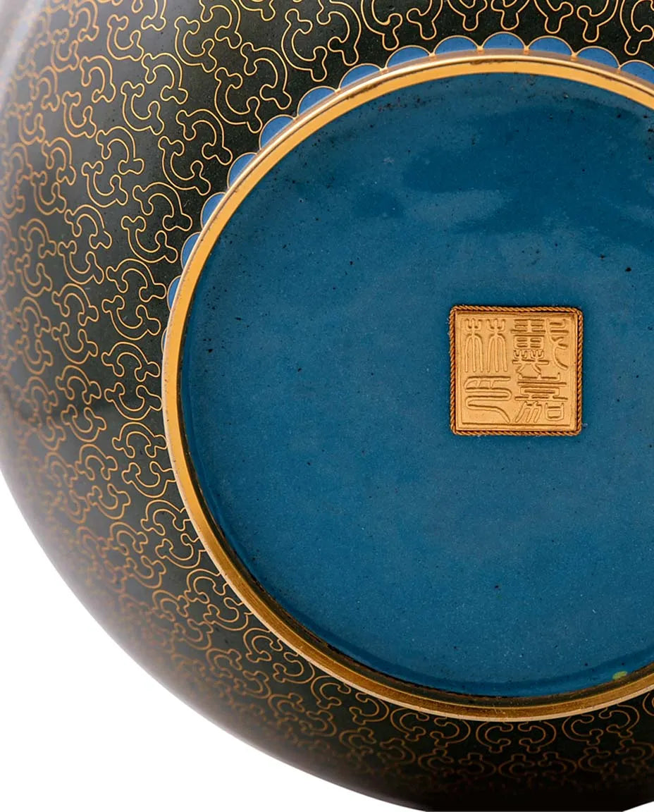 Close-up detail of the gold-plated copper rim and enamel locust flower pattern on this Royal Cloisonne vase,a premium piece for luxury home decor and home gifts