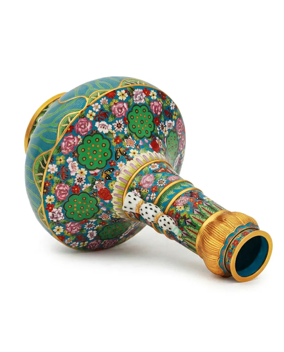 Close-up detail of the gold-plated copper rim and enamel lotus and butterfly pattern on this Royal Cloisonne vase,a premium piece for luxury home decor and home gifts