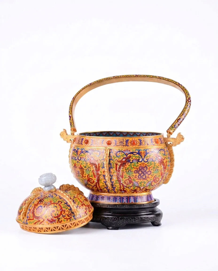 Close-up detail of the gold-plated copper rim and enamel dragon painting on this Royal Cloisonne vase, a premium piece for luxury home decor and home gifts