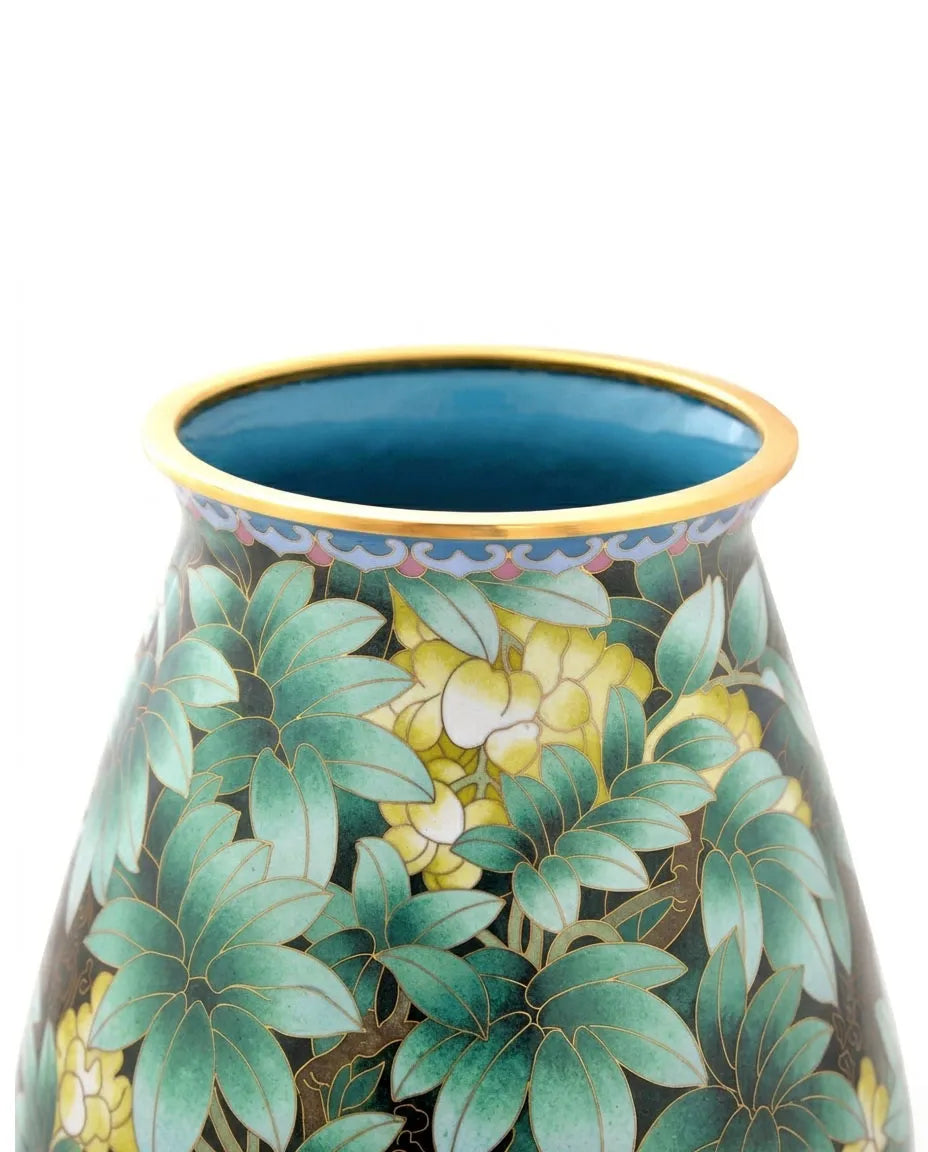 Close-up detail of the gold-plated copper rim and enamel locust flower pattern on this Royal Cloisonne vase,a premium piece for luxury home decor and home gifts