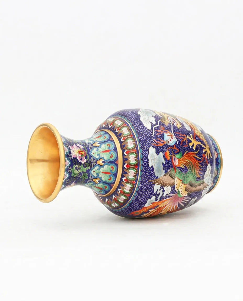 Close-up detail of the gold-plated copper rim and enamel dragon and phoenix pattern on this Royal Cloisonne vase,a premium piece for luxury home decor and home gifts