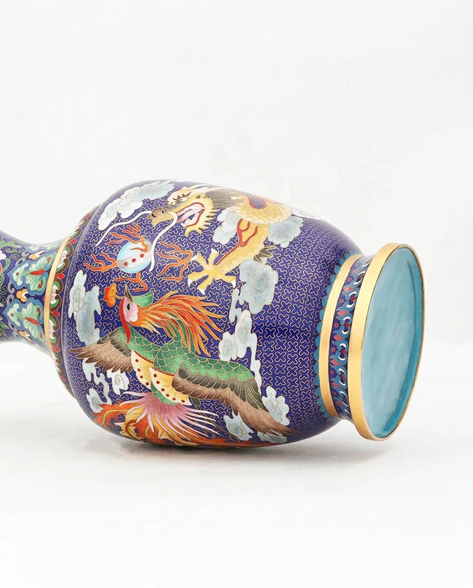 Close-up detail of the gold-plated copper rim and enamel dragon and phoenix pattern on this Royal Cloisonne vase,a premium piece for luxury home decor and home gifts