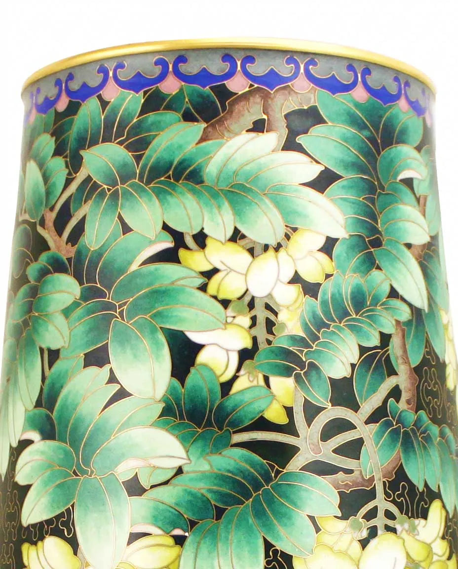 Close-up detail of the gold-plated copper rim and enamel locust flower pattern on this Royal Cloisonne vase,a premium piece for luxury home decor and home gifts