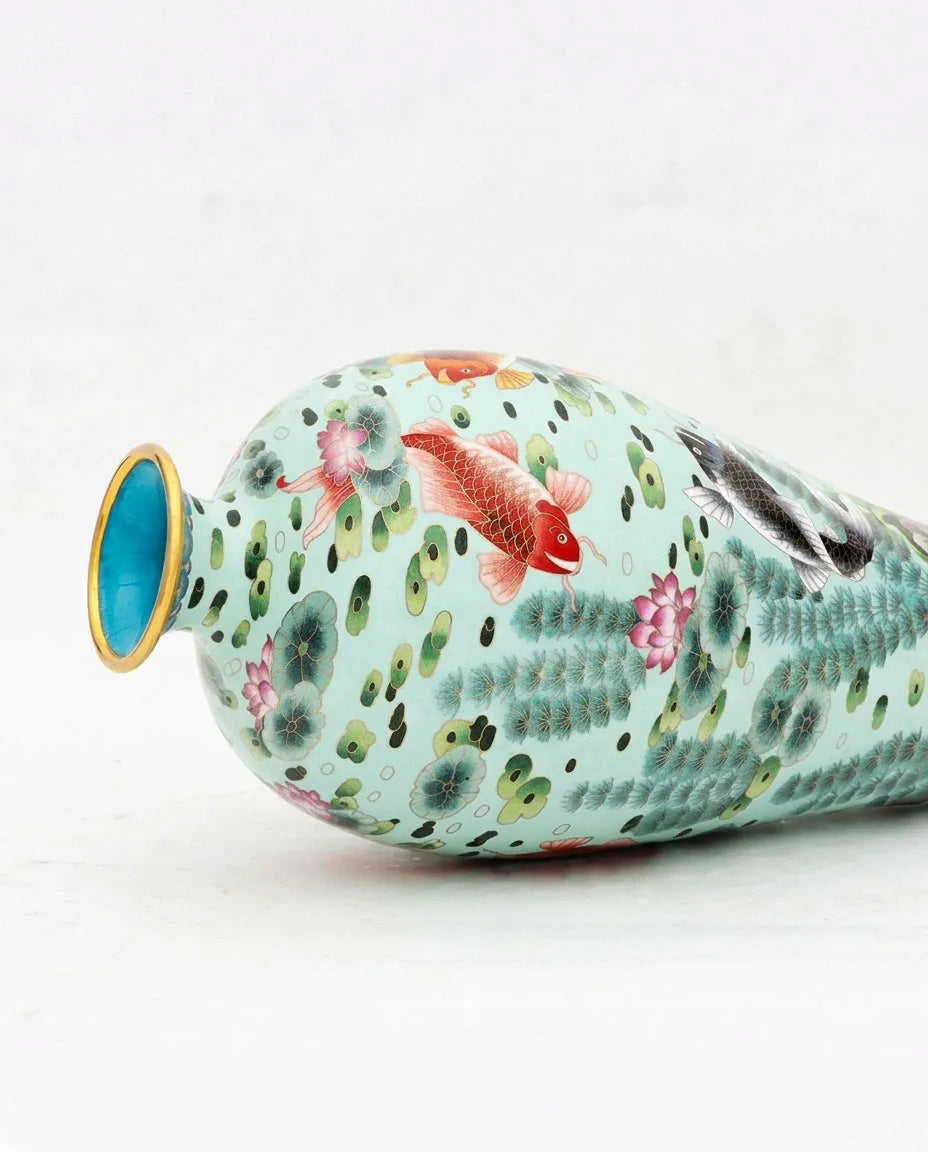 Close-up detail of the gold-plated copper rim and enamel fish swimming pattern on this Royal Cloisonne vase,a premium piece for luxury home decor and home gifts