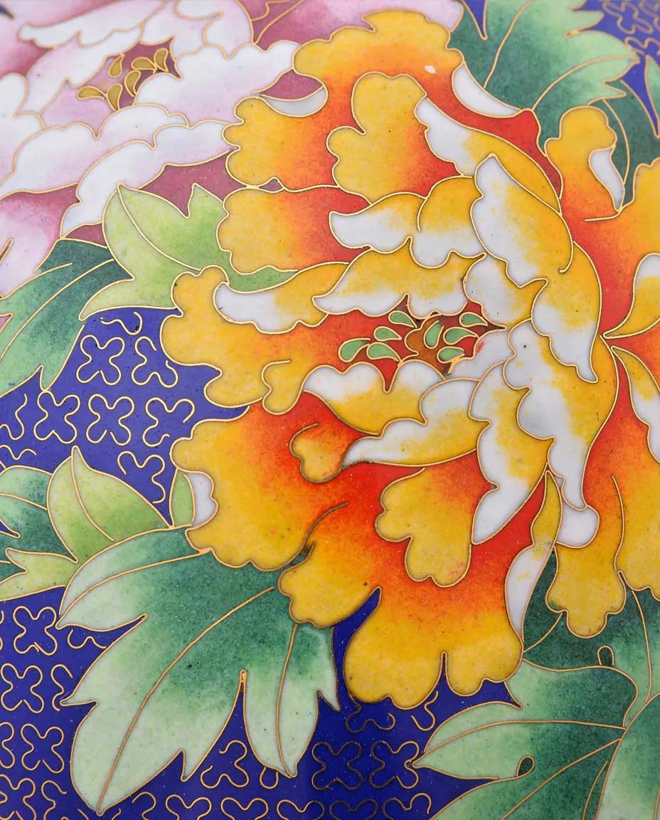 Close-up detail of the gold-plated copper rim and enamel flower and bird pattern on this Royal Cloisonne vase,a premium piece for luxury home decor and home gifts