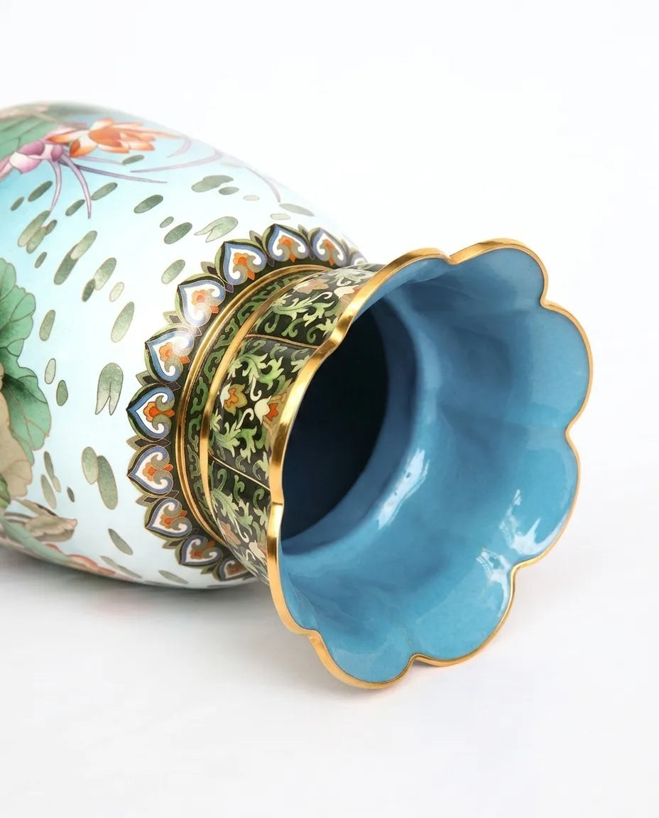 Close-up detail of the gold-plated copper rim and enamel lotus pattern on this Royal Cloisonne vase,a premium piece for luxury home decor and home gifts