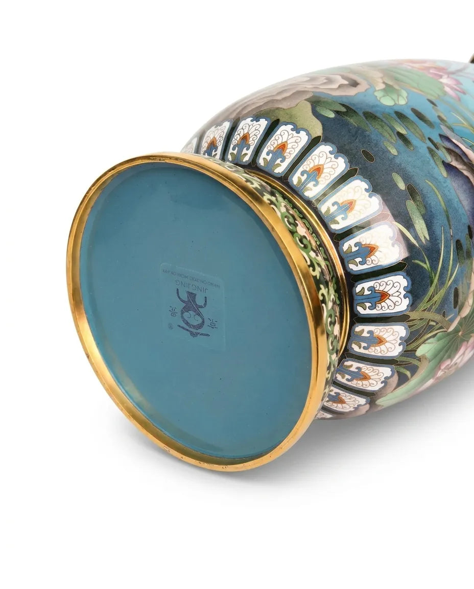 Close-up detail of the gold-plated copper rim and enamel lotus pattern on this Royal Cloisonne vase,a premium piece for luxury home decor and home gifts
