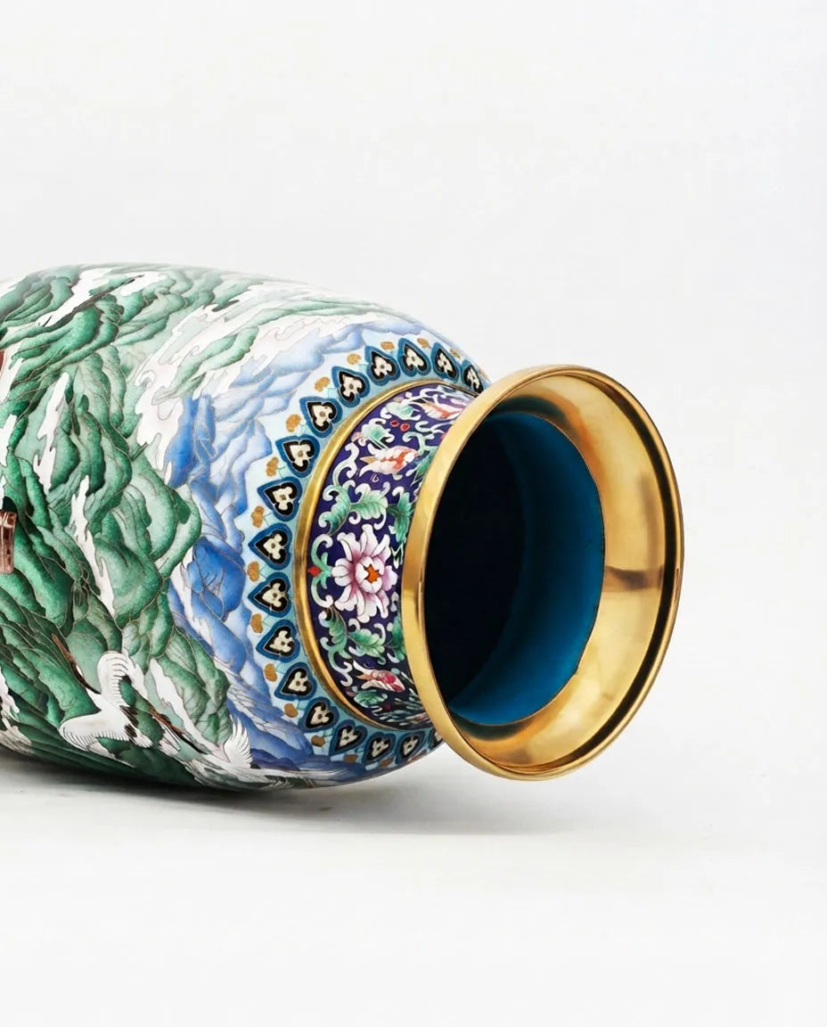 Close-up detail of the gold-plated copper rim and enamel great wall pattern on this Royal Cloisonne vase,a premium piece for luxury home decor and home gifts