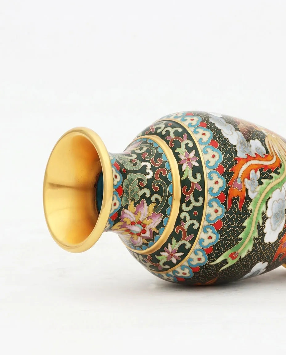 Close-up detail of the gold-plated copper rim and enamel dragon and phoenix pattern on this Royal Cloisonne vase,a premium piece for luxury home decor and home gifts