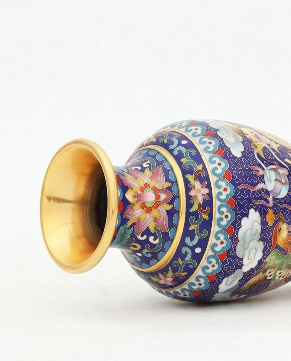 Close-up detail of the gold-plated copper rim and enamel dragon and phoenix pattern on this Royal Cloisonne vase,a premium piece for luxury home decor and home gifts