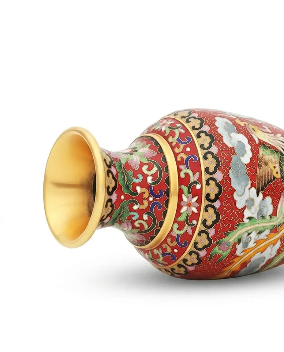 Close-up detail of the gold-plated copper rim and enamel dragon and phoenix pattern on this Royal Cloisonne vase,a premium piece for luxury home decor and home gifts