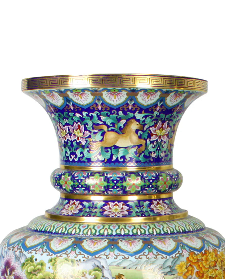 Close-up detail of the gold-plated copper rim and enamel interlocking floral on this Royal Cloisonne vase, a premium piece for luxury office decor and home gifts