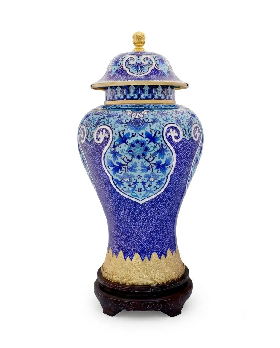 Royal Cloisonne Gold-plated Copper Jar, Lotus Vine Pattern, Masterpiece by Master Ding Minghong as an exquisite home decor and unique home gifts item