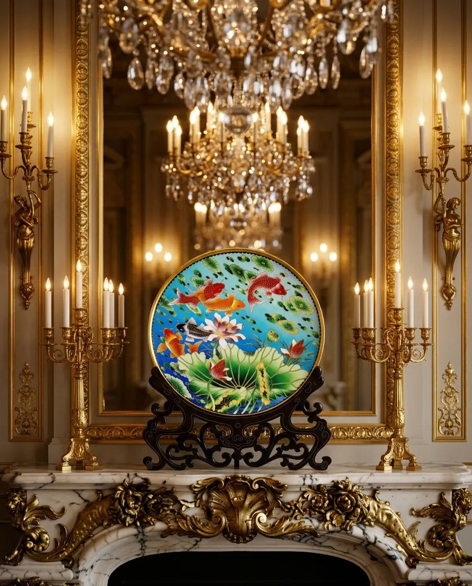 Royal Cloisonne Gold-plated Copper Plate, Landscape Painting Pattern, Masterpiece by Master Ding Minghong as an exquisite home decor and unique home gifts item
