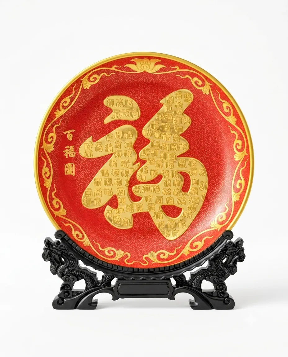 Royal Cloisonne Gold-plated Copper Plate, Blessing Font Pattern, Masterpiece by Master Wang Shuying as an exquisite home decor and unique home gifts item