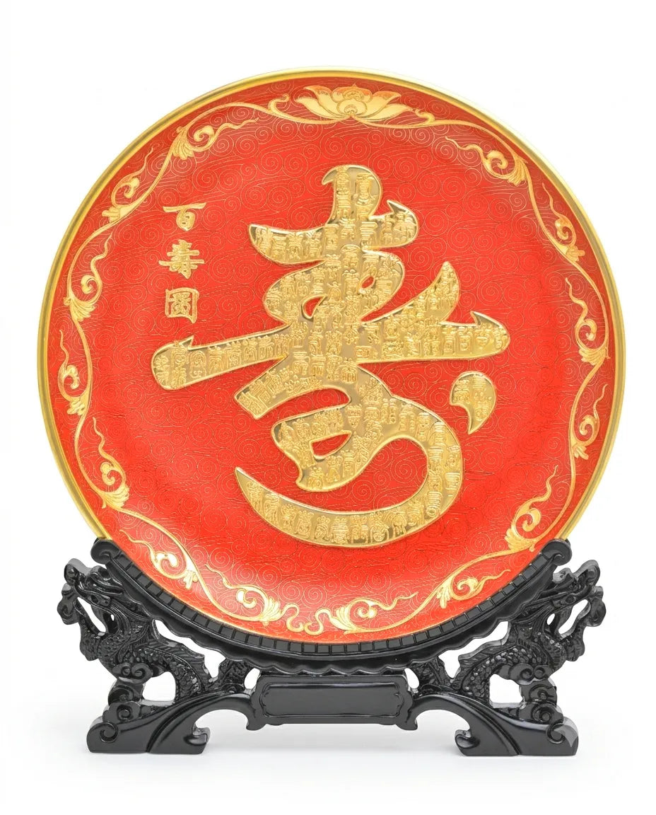 Royal Cloisonne Gold-plated Copper Plate, Longevity Font Pattern, Masterpiece by Master Wang Shuying as an exquisite home decor and unique home gifts item