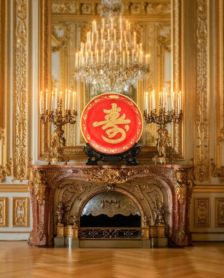 Royal Cloisonne Gold-plated Copper Plate, Longevity Font Pattern, Masterpiece by Master Wang Shuying as an exquisite home decor and unique home gifts item