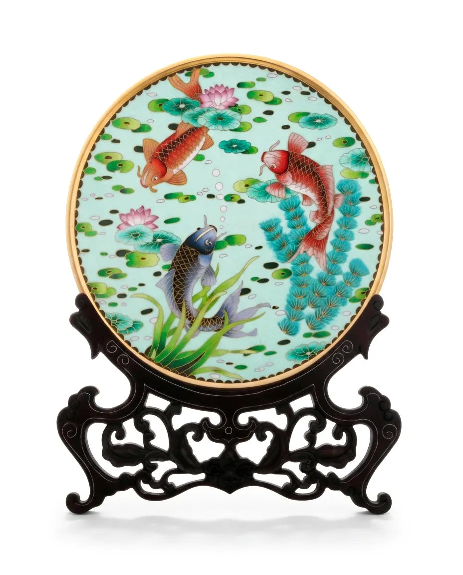 Royal Cloisonne Gold-plated Copper Plate, Swimming Fish Pattern, Masterpiece by Master Ding Minghong as an exquisite home decor and unique home gifts item