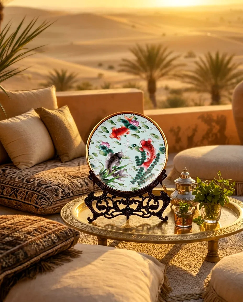 Royal Cloisonne Gold-plated Copper Plate, Swimming Fish Pattern, Masterpiece by Master Ding Minghong as an exquisite home decor and unique home gifts item