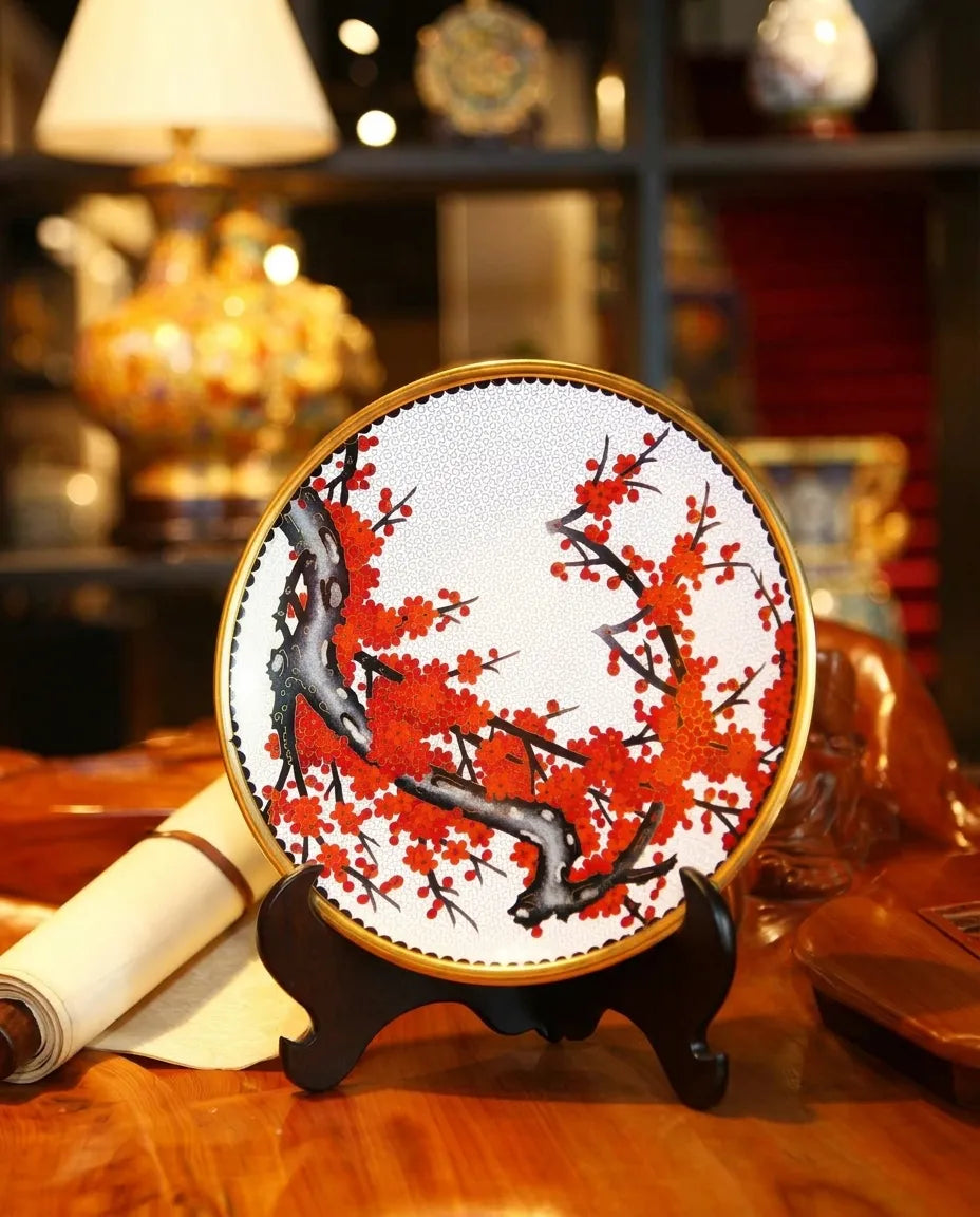 Royal Cloisonne Gold-plated Copper Plate, Red Plum Pattern, Masterpiece by Master Ding Minghong as an exquisite home decor and unique home gifts item