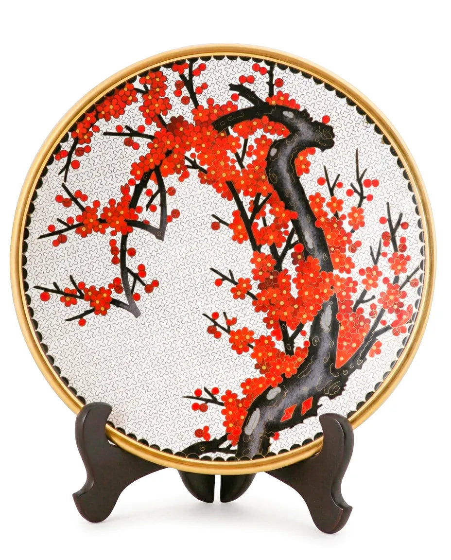 Royal Cloisonne Gold-plated Copper Plate, Red Plum Pattern, Masterpiece by Master Ding Minghong as an exquisite home decor and unique home gifts item