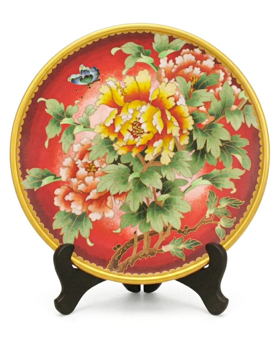 Royal Cloisonne Gold-plated Copper Plate, Peony Pattern, Masterpiece by Master Ding Minghong as an exquisite home decor and unique home gifts item