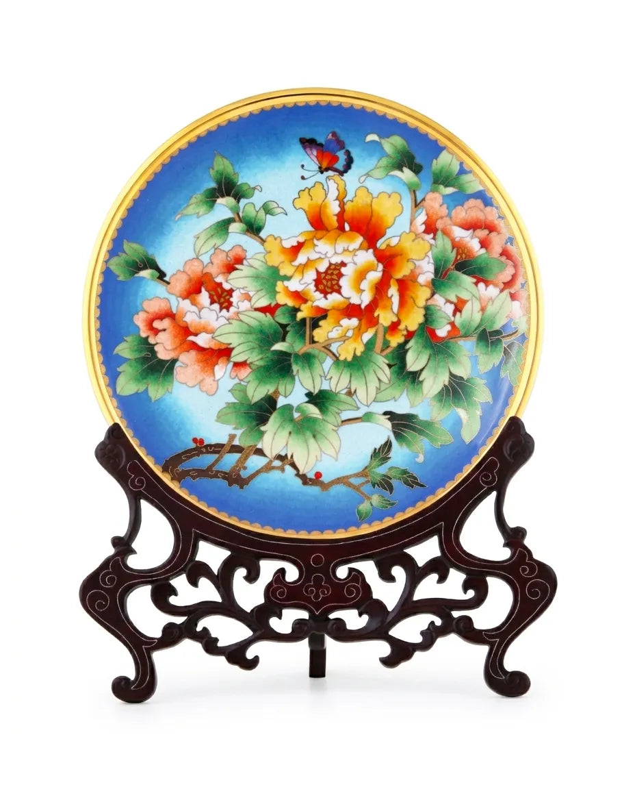Royal Cloisonne Gold-plated Copper Plate, Peony Pattern, Masterpiece by Master Ding Minghong as an exquisite home decor and unique home gifts item